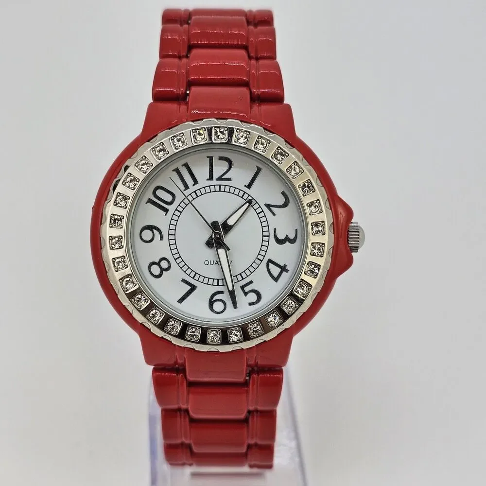 40MM Women's Watch White Dial Gemmed Bezel Red Metal Bands 7.5